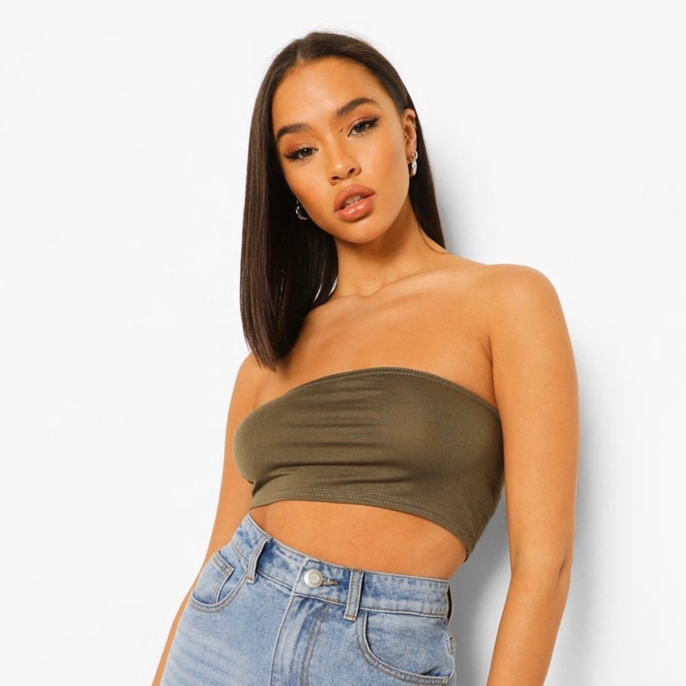 Boohoo Green Cropped Strapless Fitted Tube Top Bandeau Size 8